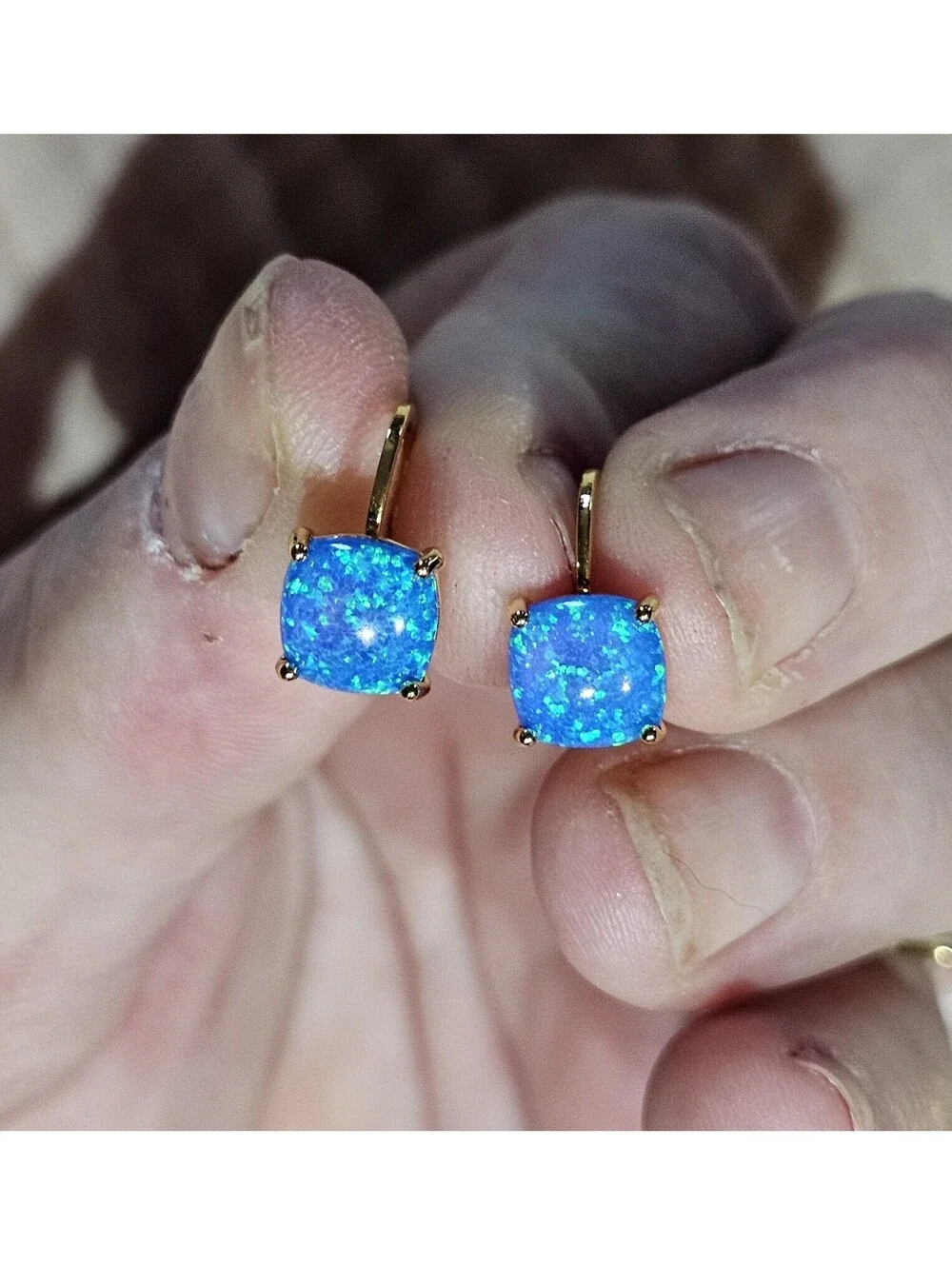 Stunning Lab Blue Fire Opal Earrings Gold-plated Leverback Huggies